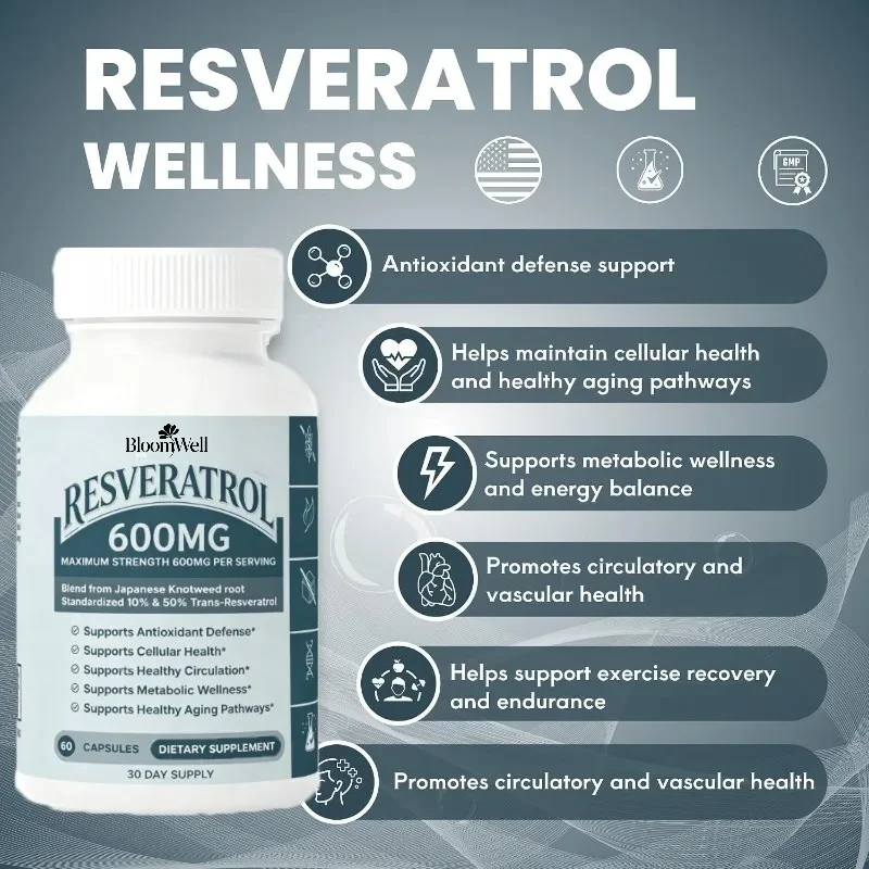 Resveratrol Complex 600mg - Japanese Tiger Cane Root Extract Healthy Aging Antioxidant 60 Capsules
