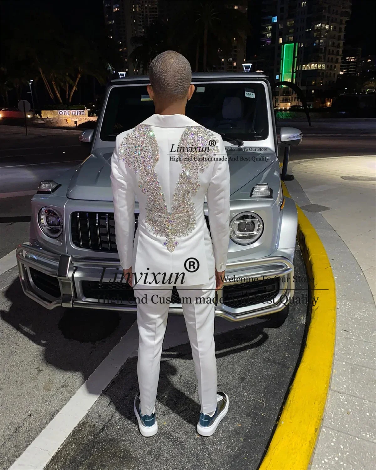 

Customized Luxury Crystals Beaded Men Suits 2 Pieces Set Wedding Groom Tuxedos Business Party Prom Blazer Birthday Costume Homme