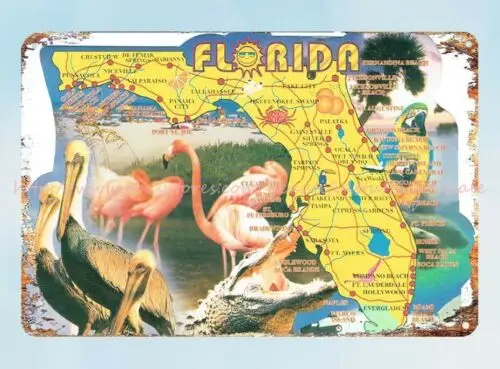 Florida travel tourism flamingo metal tin sign interior collectible