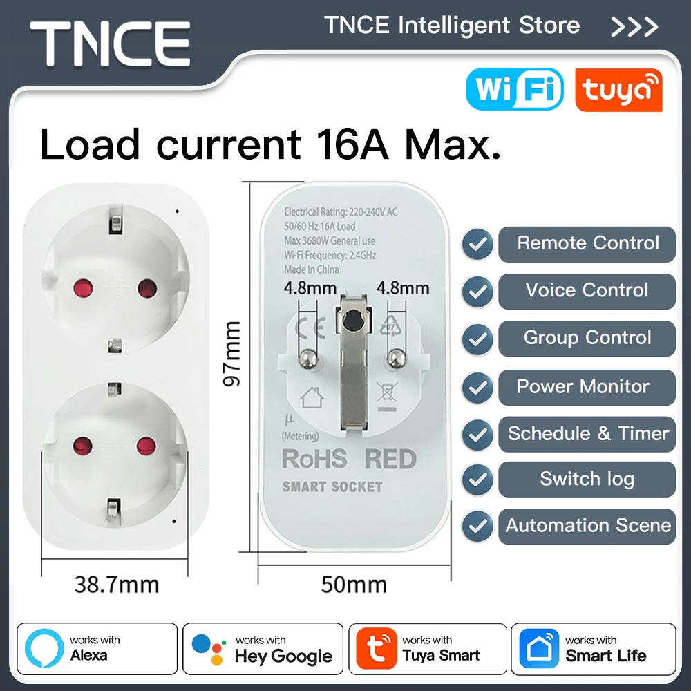 

TNCE tuya wifi plug 16A eu 2 в 1, двойная розетка Монитор мощности Smart life Дистанционное управление Таймер, Голос с Google Home Alexa Alice
