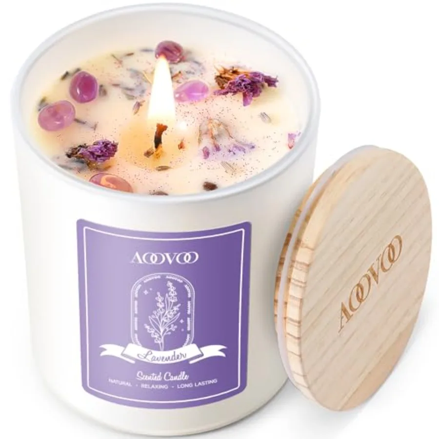 

Lavender Scented Candles for Women - Aromatherapy Candle with Crystals Inside, 10oz Soy Candles for Home Scented, Birthday Gift