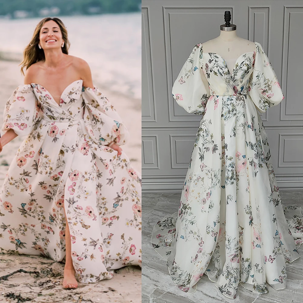 Vestido de novia de manga larga con estampado Floral, cola capilla dividida alta, mariposa fruncida, elegante vestido de Boda de Princesa personalizado