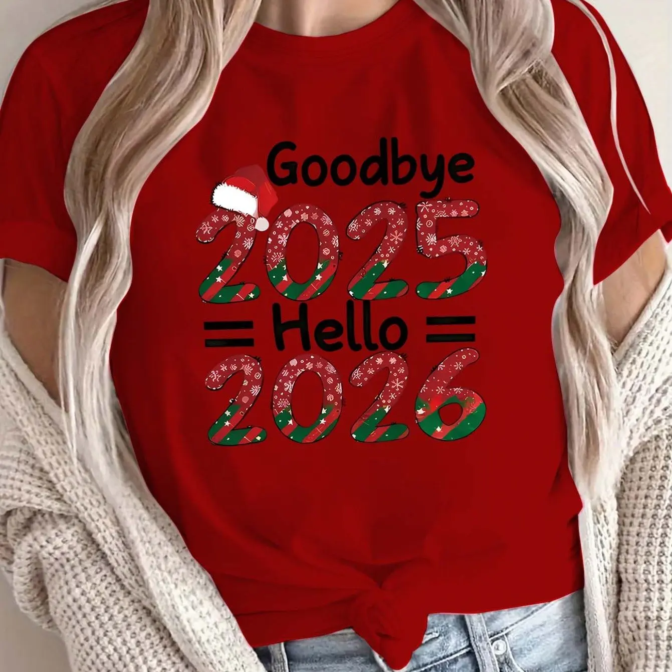 

Goodbye 2025 Hello 2026 Women's T Shirt Leisure Fashion Gradient Print Short Sleeve X'mas New Year Carnival Party Female Clothes
