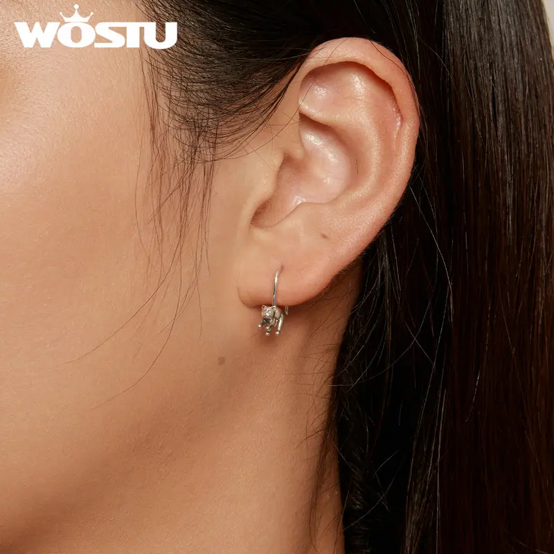 WOSTU 925 Sterling Silver Kitty Earrings Animal Pet Series For Women Girl Ear buckles Original Jewelry Gift Party Perfect Gift