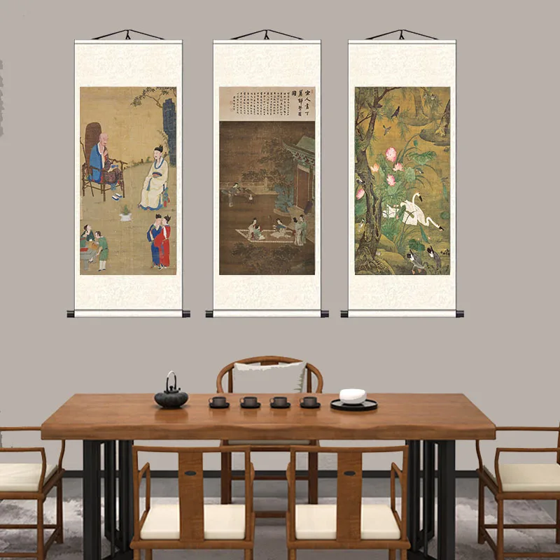 

Antique Zen Ink Wash Painting Wall Art, Lotus Bird Calligraphy on Silk Scroll, Feng Shui Hanging Scroll for teahouse Home Decor