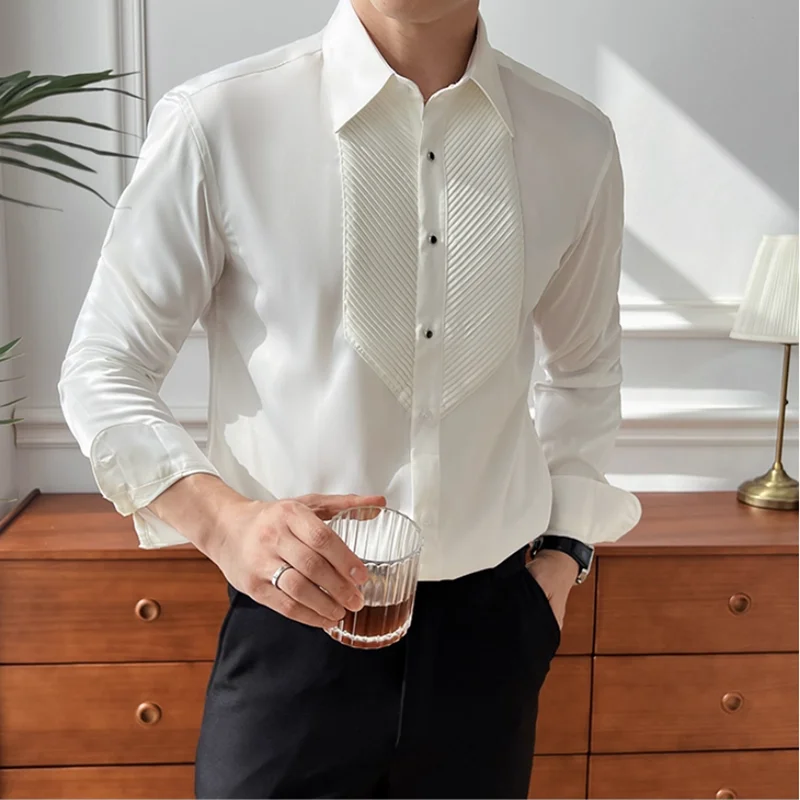 

Плиссированная складная рубашка из органного материала, высококачественная мужская рубашка с длинным рукавом, тонкая повседневная универсальная рубашка с большим воротником, деловой смокинг