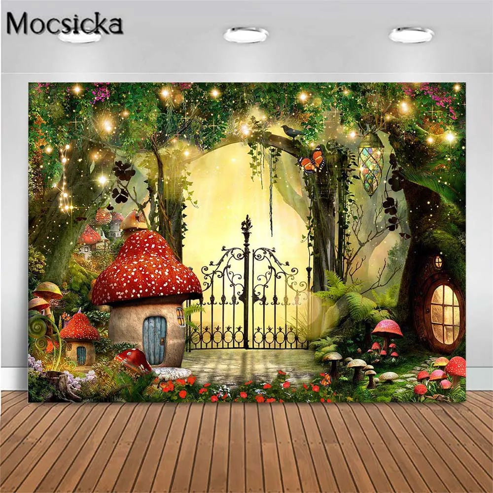 

Mocsicka Spring Green Wonderland Mushroom House Backdrop for Photography Fairy Tale Girl Kids Background Photo Studio Photoshoot