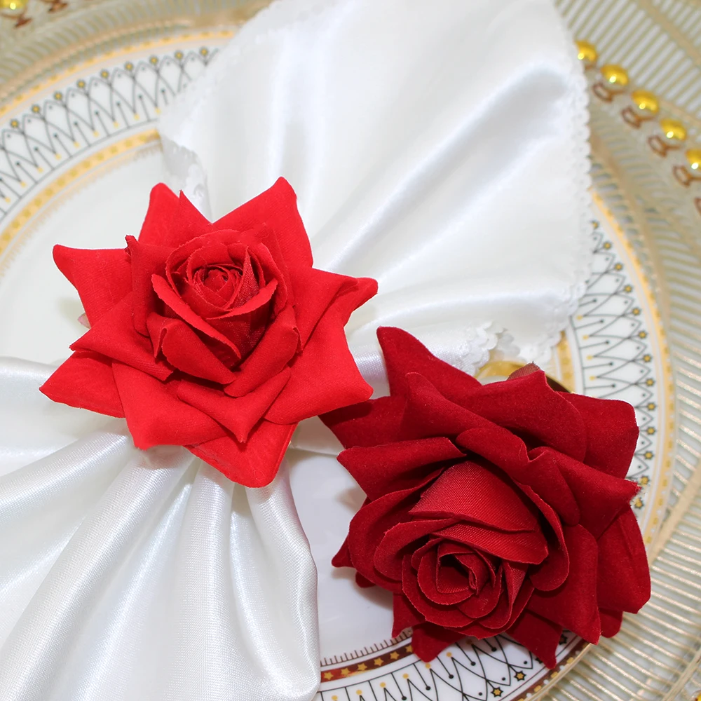 6Pcs Wedding Decoration Artificial Rose Flower Napkin Rings for Valentine\'s Day Bridal Shower Birthday Party Home Decor HWW01