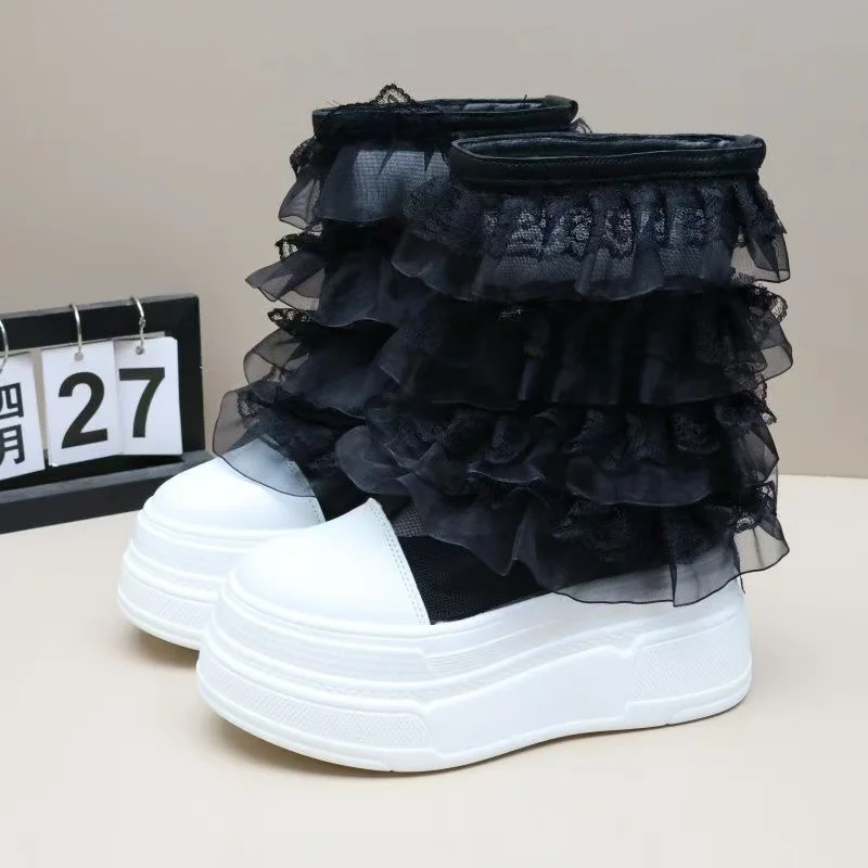 

2026 New Women's Breathable High Heel Short Boots Lace Wooden Edge Summer 10CM Pure Color Comfortable Casual round Toe Boots