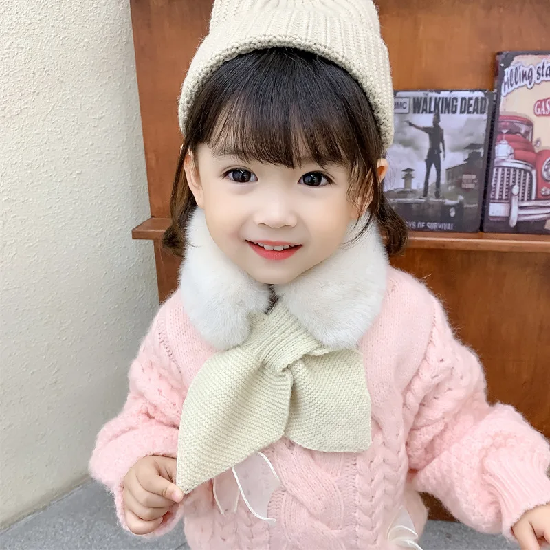 Korean Winter Children Scarf Cute Cold-Proof Kids Neckerchief Solid Color Warm Plush Baby Boys Girls Knitted Bib Scarves