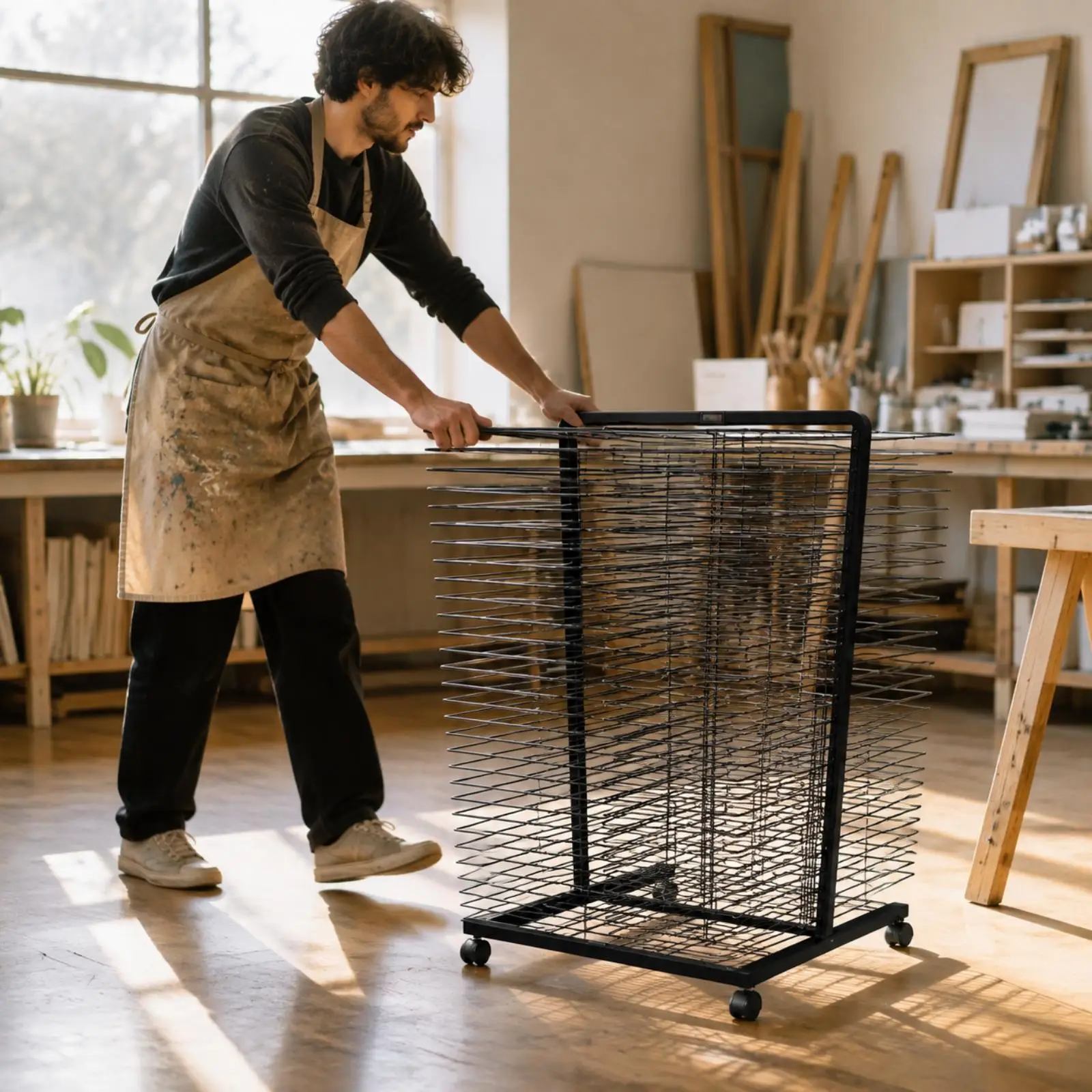 Single Side Art Easel Iron Wire Drying Rack on Wheels for Wet Paintings and A3 Paper Flat Storage Studio
