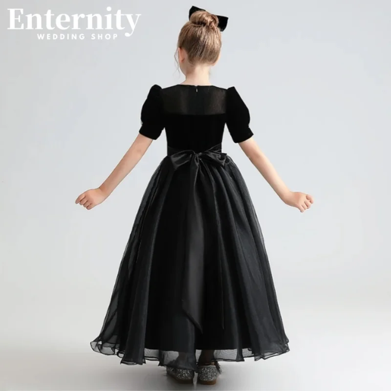 Robe de Soirée d'Anniversaire en Velours Côtelé et Tulle pour Fille, Tenue de Demoiselle d'Honneur, à Manches Bouffantes, Noire