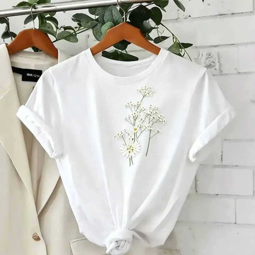 Loose Cotton Tee Shirt Womens White Daisy Graphic Print Round Neck Short Sleeve Soft Breathable Summer Daily Basic Fashion Top