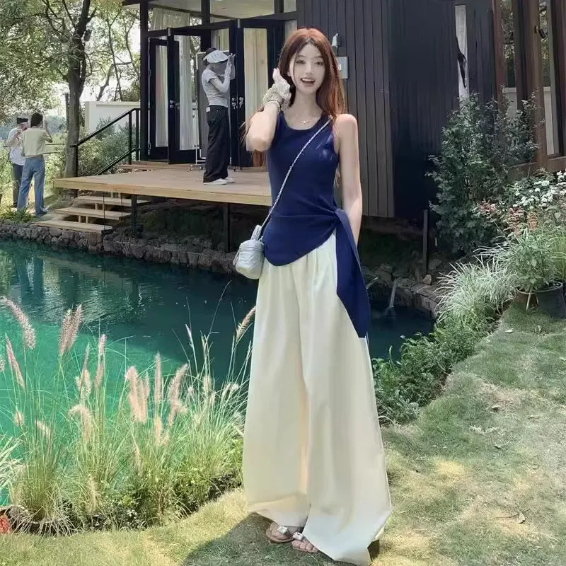 Casual Style Klein Blue Knitted Vest High Waist Wide Leg Pants Two Piece Set Age Reducing Summer Fashion for Young Women