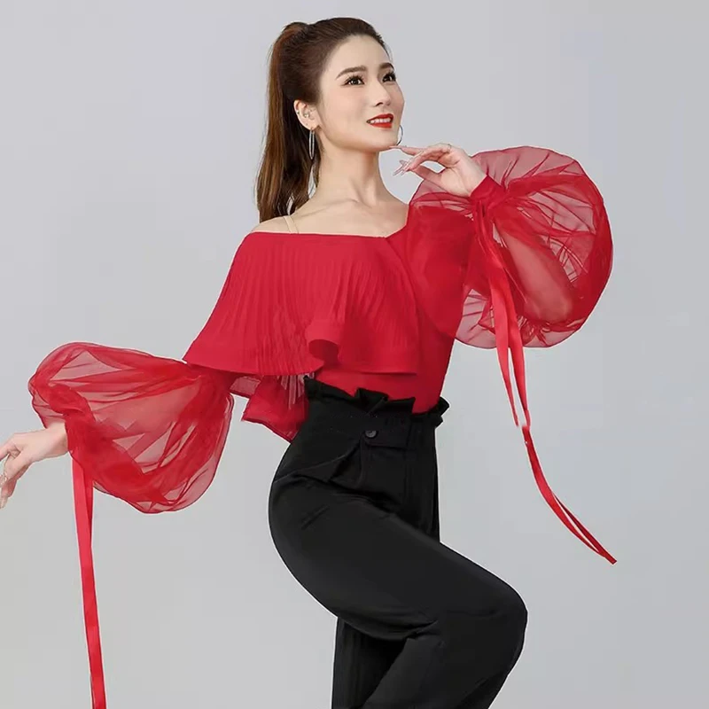 2024 New Modern Dance Clothes High-end Women's Latin Tops Puff Sleeve Ballroom Dance Wear Leotard Long Sleeve Waltz Bodysuit