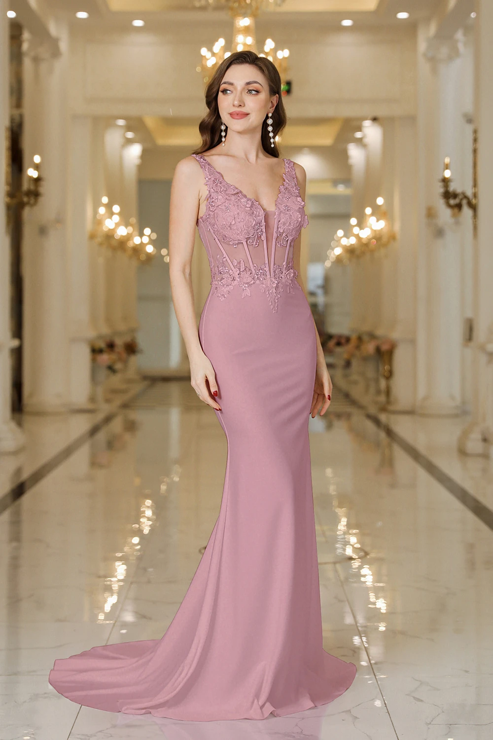 STEPHANIE Avondjurken - Stoffige roze zeemeermin kanten galajurken, diepe v-hals en pure rug, bodycon geschikt voor gala rode loper