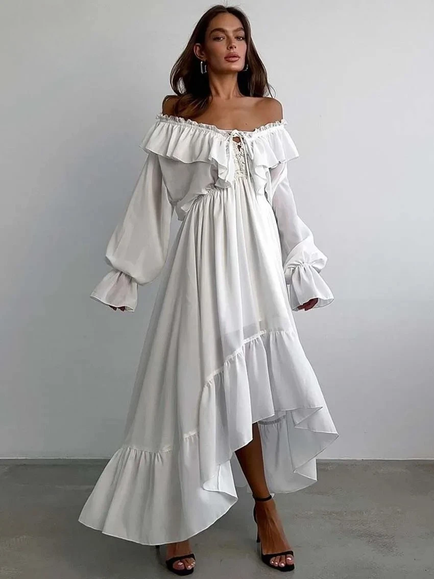 Casual High Waist Floor-Length Dress Oymimi Elegant White Ruffled Dresses 2026 Woman Fashion V-Neck Lace-Up Long Sleeve Dresses