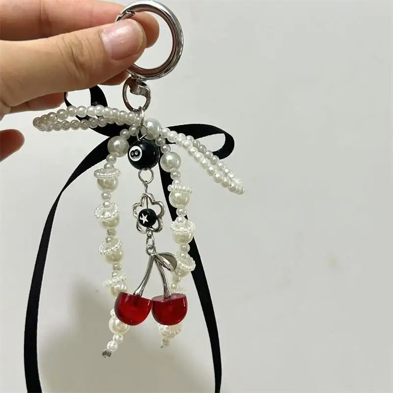 Sweet Cool Pearl Ribbon Bow Cherry Phone Chain Keychain Pendants Backpack Charm Fashion Trendy Women Bag Hanging Accessory Gifts