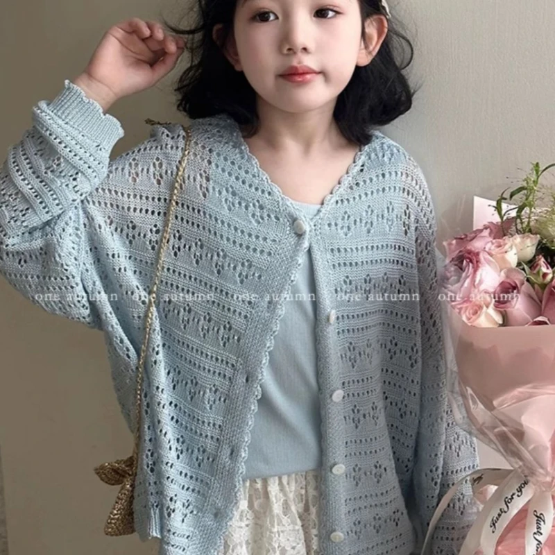 Spring and Summer New Girls' Hollow Knitted Cardigan, Medium and Large Children's Outer Layer, Thin Breathable Jacket