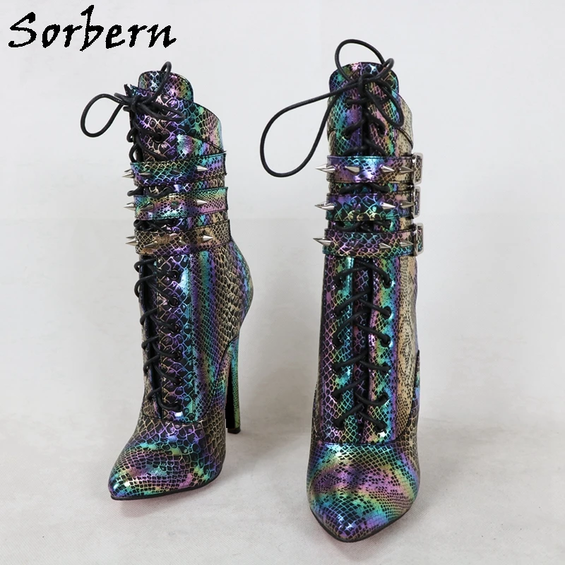 Sorbern Holo Python Ankle Boots Super High Instep Pointy Toes Stilettos Lace Up Buckle Straps Stilettos Custom Multi Colors