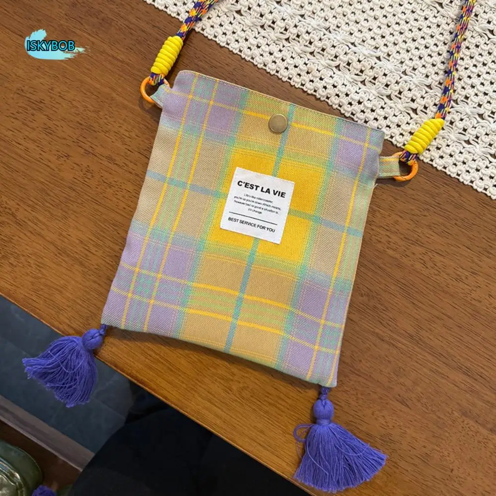 

Casual Cloth Ethnic Style Crossbody Bag Printed Retro Plaid Canvas Bag Large Capacity Geometric Tassel Shoulder Bag Outdoor