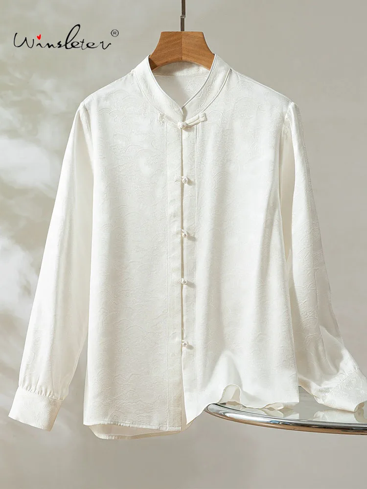 

Winsleter-30MM 100%Real Silk Elegant Shirt, Stand Jacquard, Women Retro New Chinese Style Loose Blouse, 2025 Winter T5N936CC