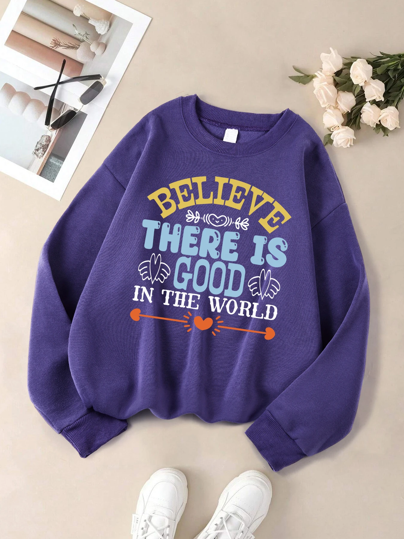 Geloof Er is goed in de wereld Patroon Sweatshirts Dames Herfst Casual Sweatshirt Losse zachte trui Comfortabele Y2K Top