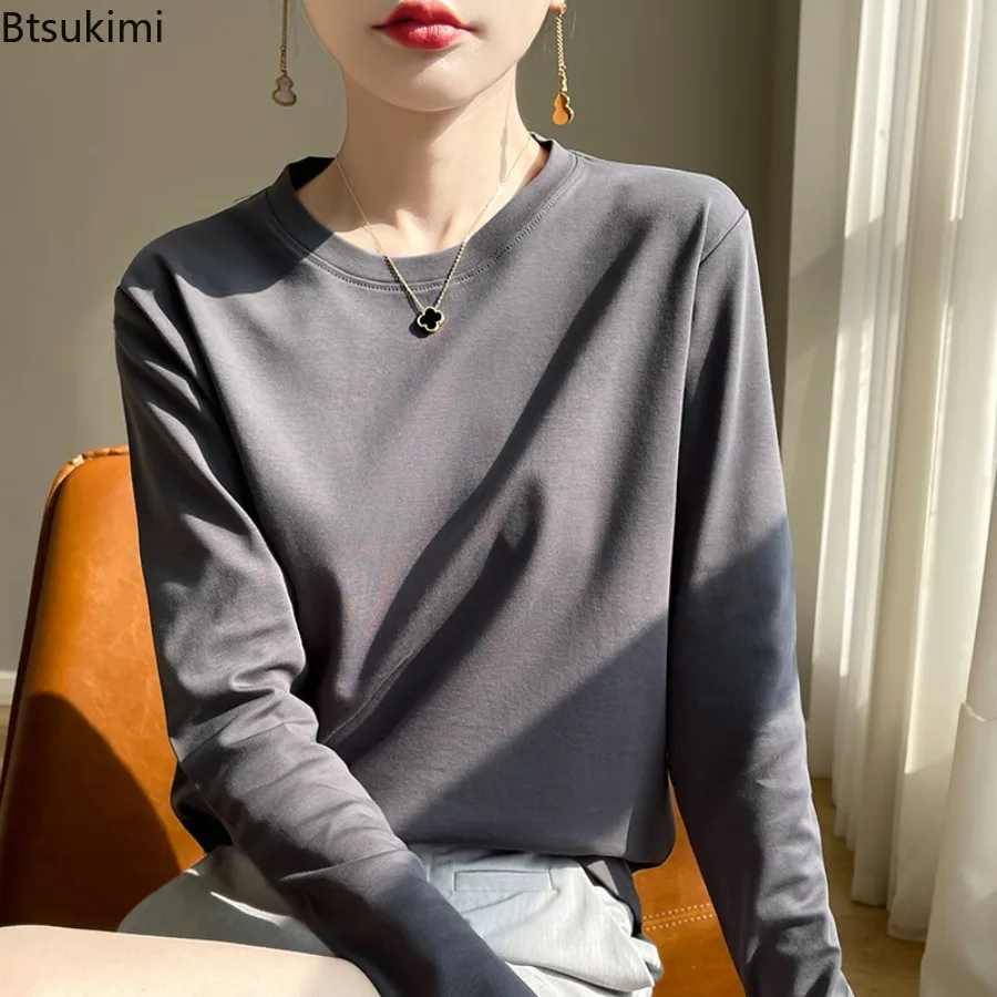 Women Spring Autumn Round Neck Long Sleeve T Shirt Loose Solid Color Basic Top Soft Breathable Casual Daily Base Top for Ladies