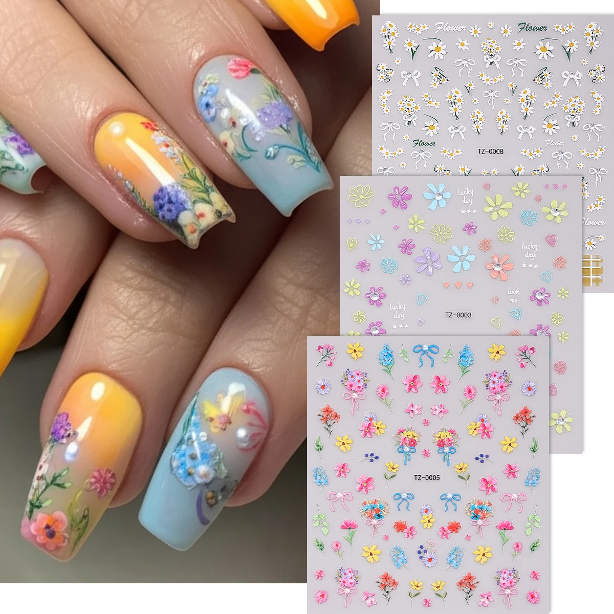 

3pcs Summer Flowers Nail Art Sticker 5D Floral Bowknot Heart Rhinestone Self-Adhesive Decoration Nail Stickes Manicure Decals