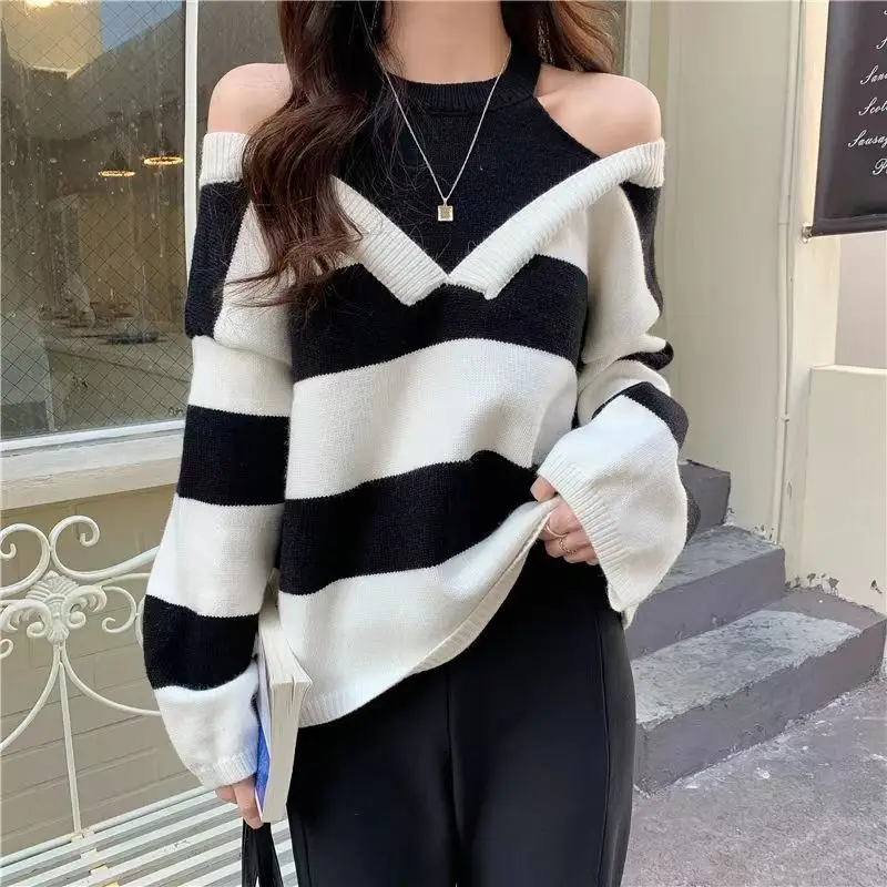 

Design Halter Pullovers Women Sweater Ulzzang Fake Two Piece Striped Sweet Schoolgirl Lovely Baggy Свитер Женский Gentle Clothes