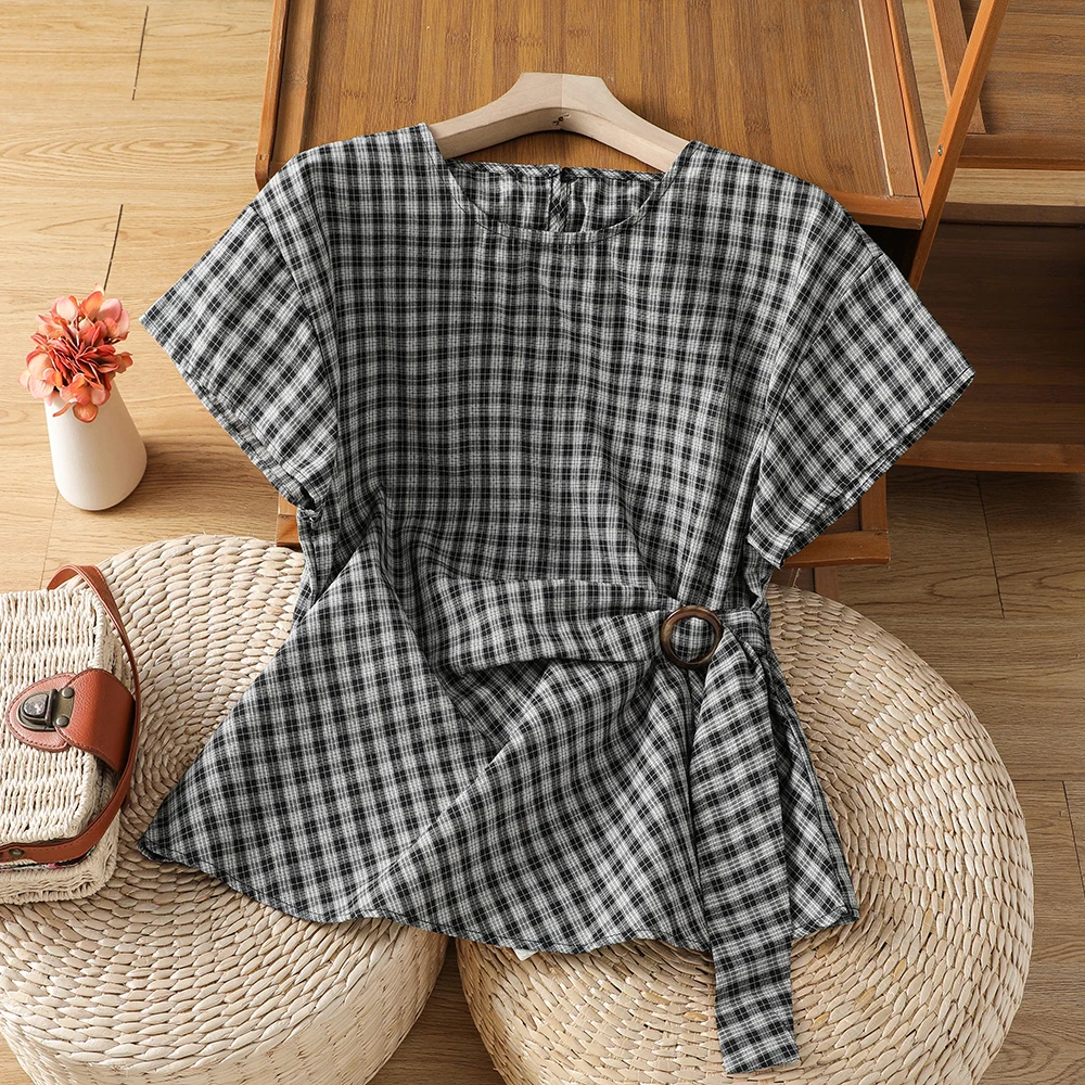 

Short Sleeve round Neck T-Shirt Women's Summer Thin Cotton Linen Blend Plaid Shirt Design High-End Top for Daily Wear