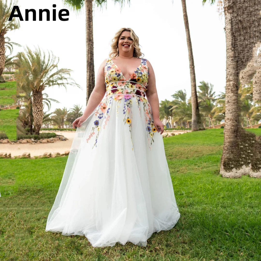 

Annie White Embroidery Flowers Prom Dress Tulle Plus Size Fairy Evening Dresses A-shaped Graduation Party Dresses Wedding Dress