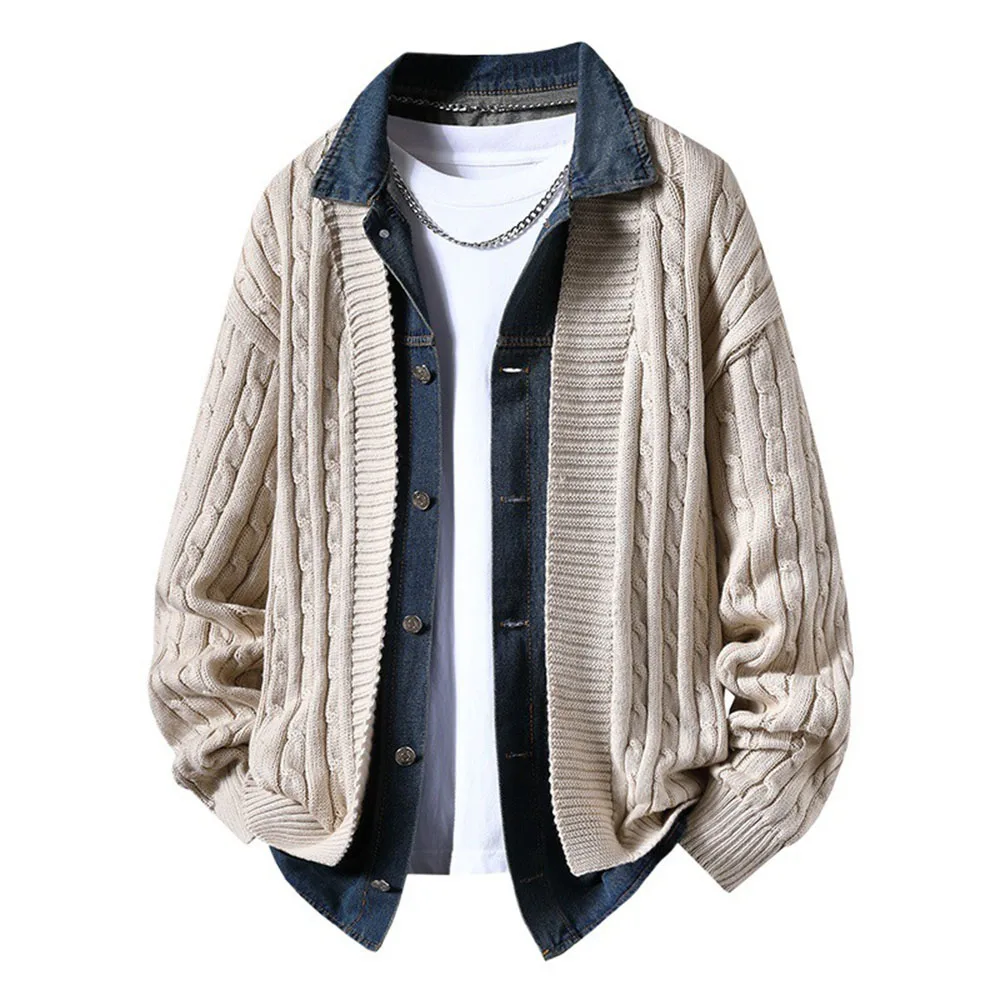 

Искусственная джинсовая куртка из 2 предметов, мужской осенний тонкий вязаный кардиган, однобортный свободный крой, повседневная лоскутная верхняя одежда с длинными рукавами, пальто