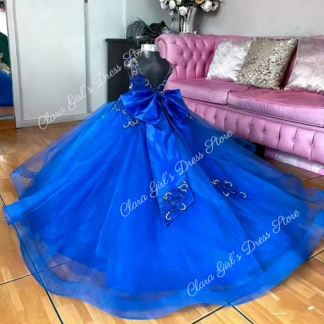 Custom Flower Girl Dress Royal Blue Sequin Sparkle Tulle Dress Ball Gown Wedding Birthday Party Girl Dress