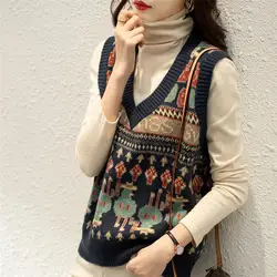 Fashionable Retro Vest Women's Autumn and Winter Outerwear New Loose V-neck Sleeveless Sweater Knitted Sweater Sleeveless Vest