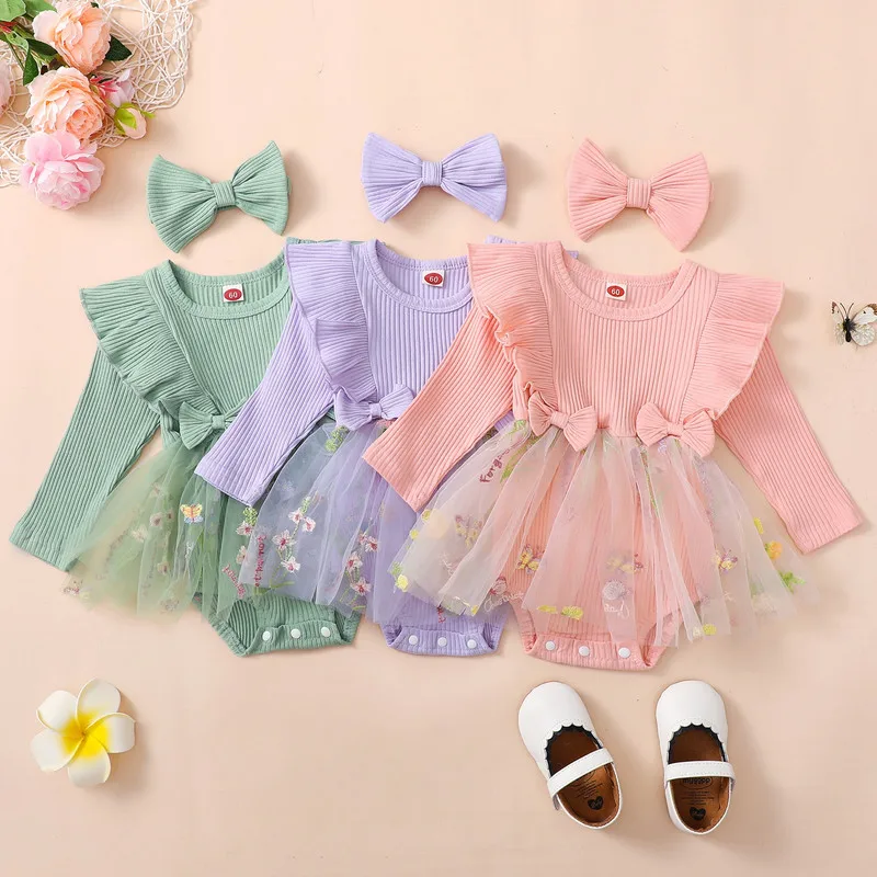 

Baby Girls Bodysuit Spring Autumn Clothes Floral Mesh Patchwork Ruffles Long Sleeve Bodysuit Dress and Cute Headband