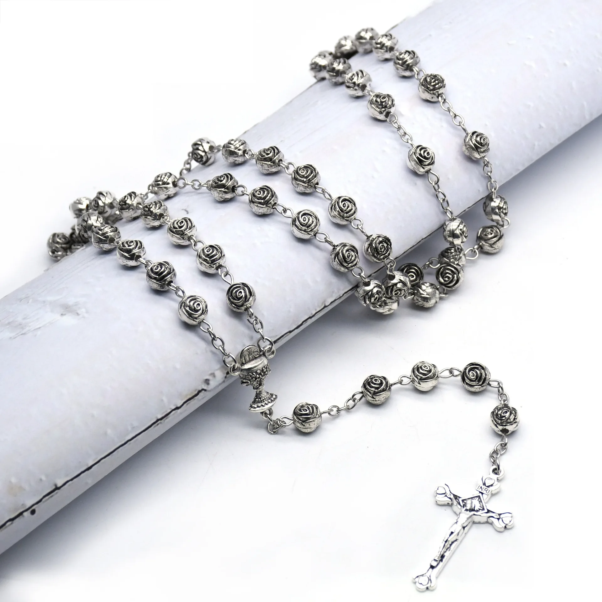 8mm Metal Silver Plated Retro Rosary Cross Pendant Rosary Necklaces Men Women Eeligious Belief Prayer Jewelry Accessory Gifts