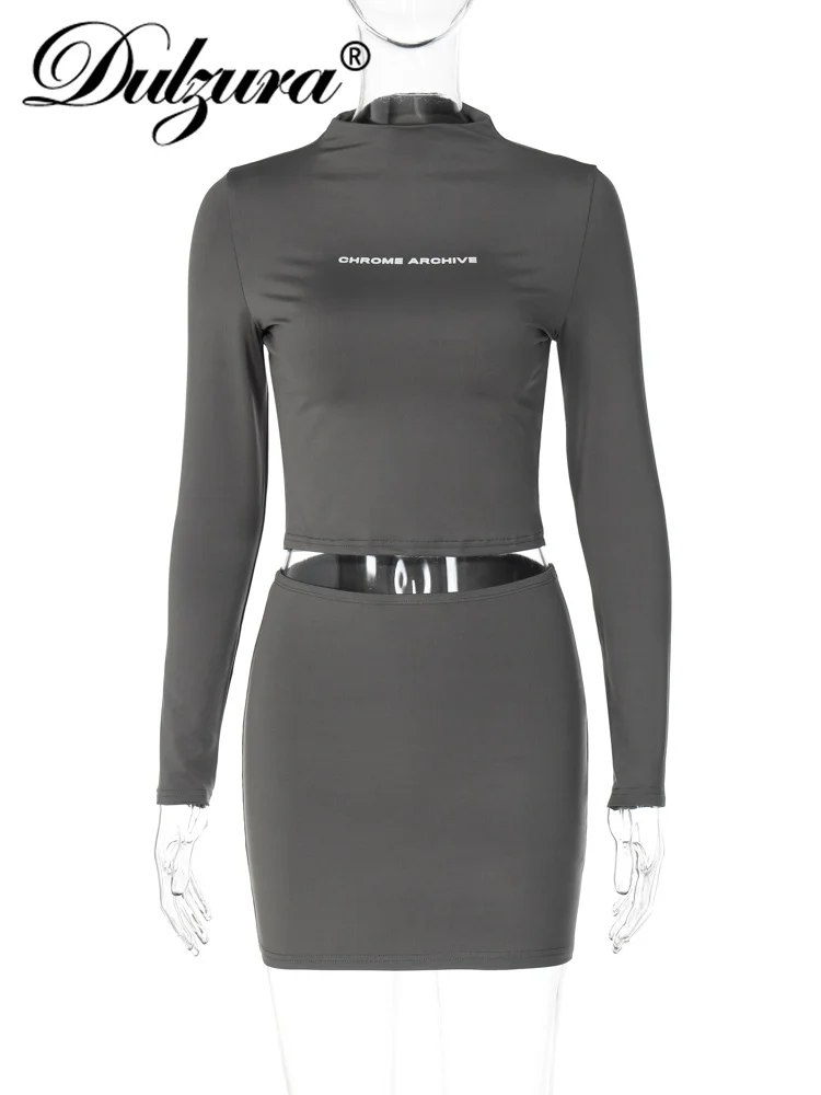 Dulzura Women Casual Y2K Clothes 2 Piece Letter Print Long Sleeve Crop Top High Waist Mini Skirt Matching Set Club Streetwear