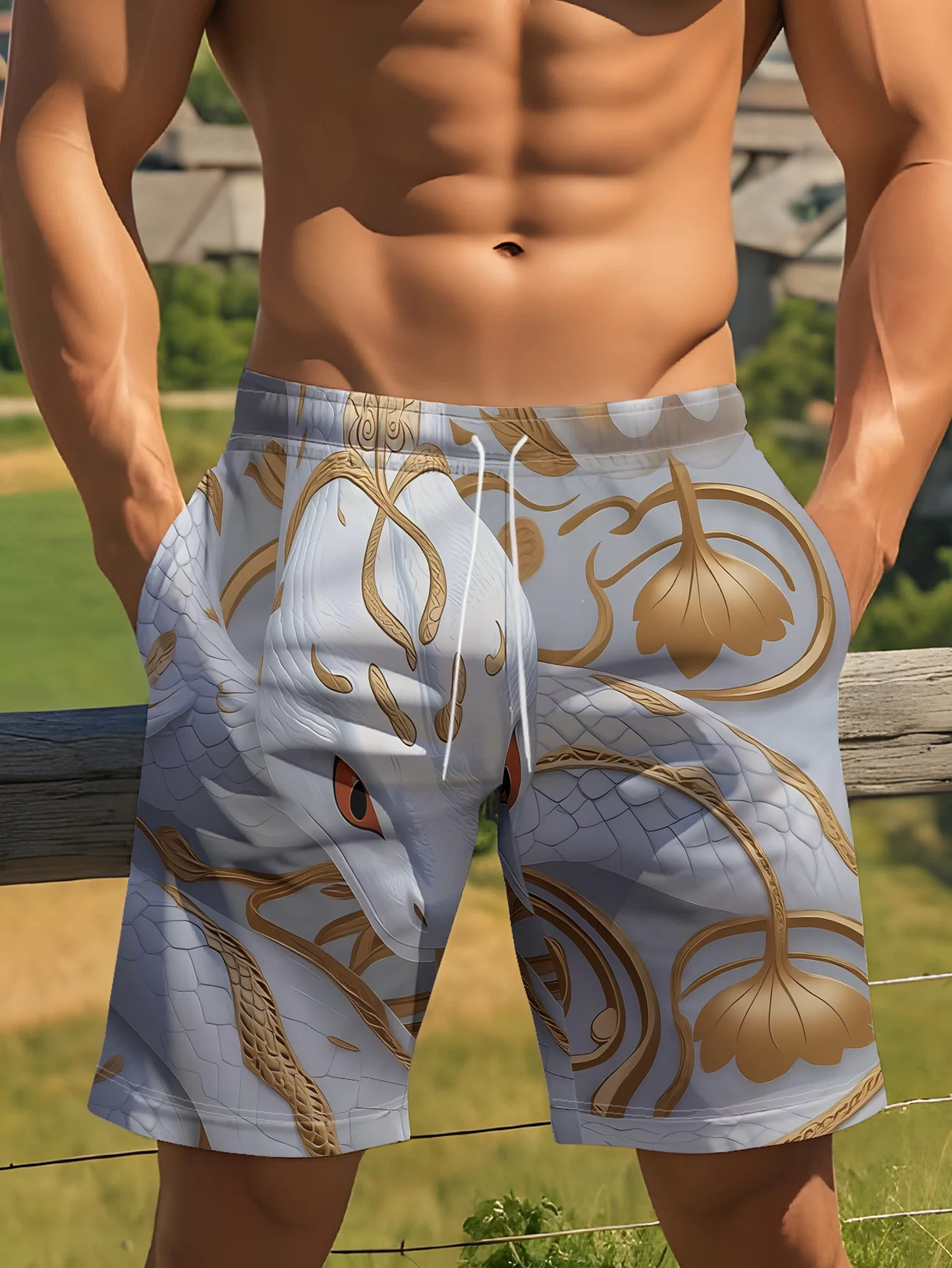 

Хит продаж: Модные и стильные летние мужские пляжные шорты в китайском стиле с 3D-принтом золотой змеи, для активного отдыха и спорта