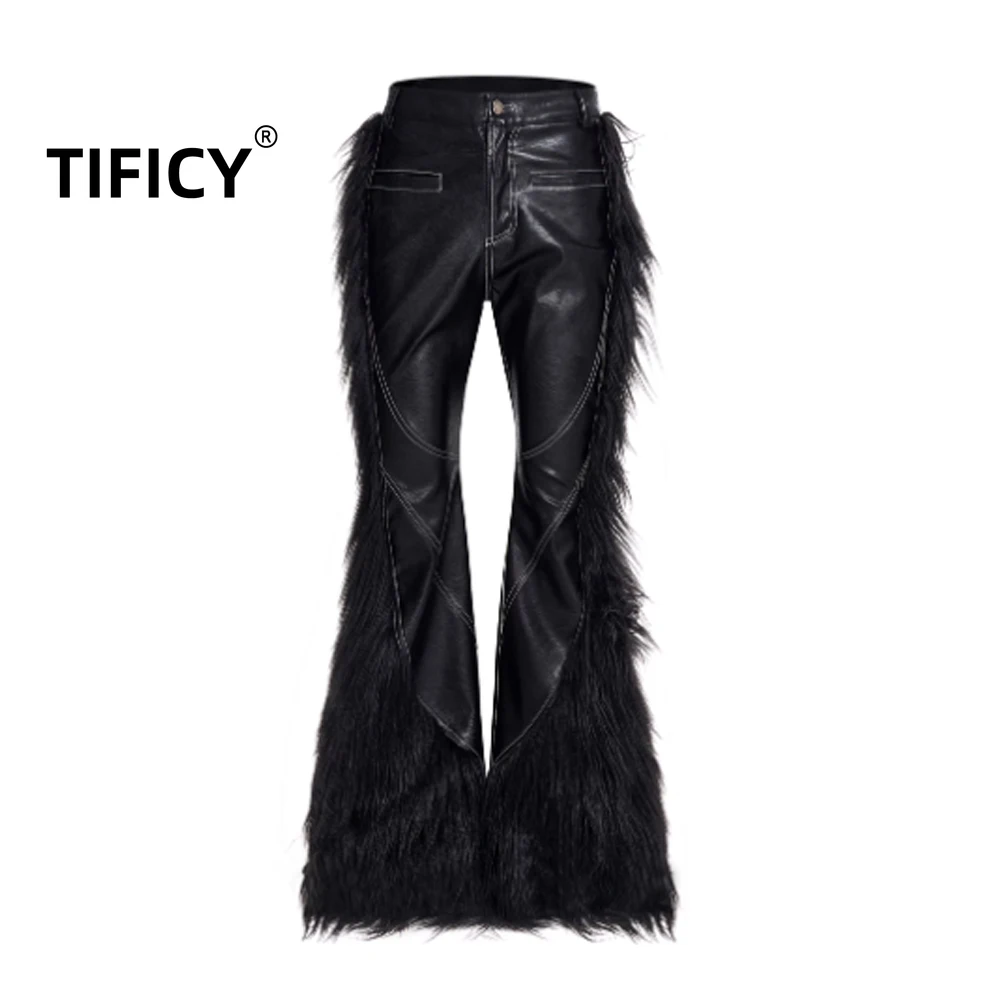 High Street PU Leather Patchwork Micro Flared Leather Pants Winter Men Winter Dark Knight Streetwear Fur Pants