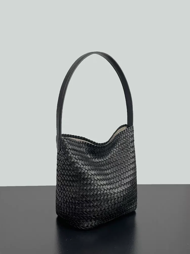 

Fashion Vintage Hand Weave Genuine Leather Women Tote Bucket Bag\Handbag Real Leather Lady Underarm Shoulder Holiday Bag Big