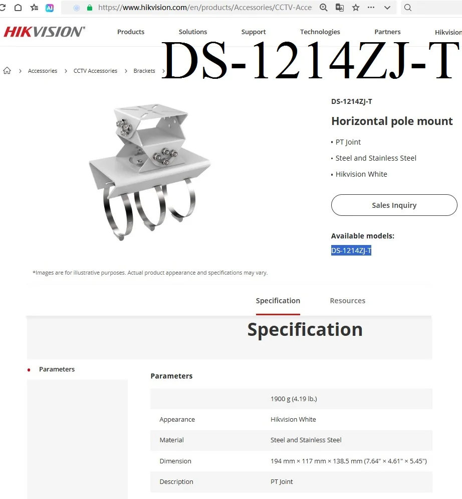 DS-1214ZJ-T Steel and Stainless Steel PT Joint, DS-1214ZJ Aluminum Alloy Steel Horizontal Pole Mount Bracket, Hikvision White