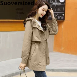 Hooded Trench Coats For Women Adjustable Waist Cargo Jackets Khaki Oversized 3xl Loose Gabardina Spring Fall Korean Windbreaker