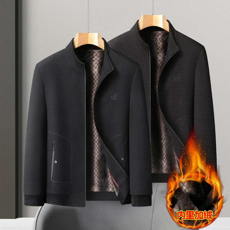 

Autumn Winter Stand Collar Woolen Jacket for Men Thickened Casual Woolen Blend Jacket Business Social Middle Aged Dad Coat