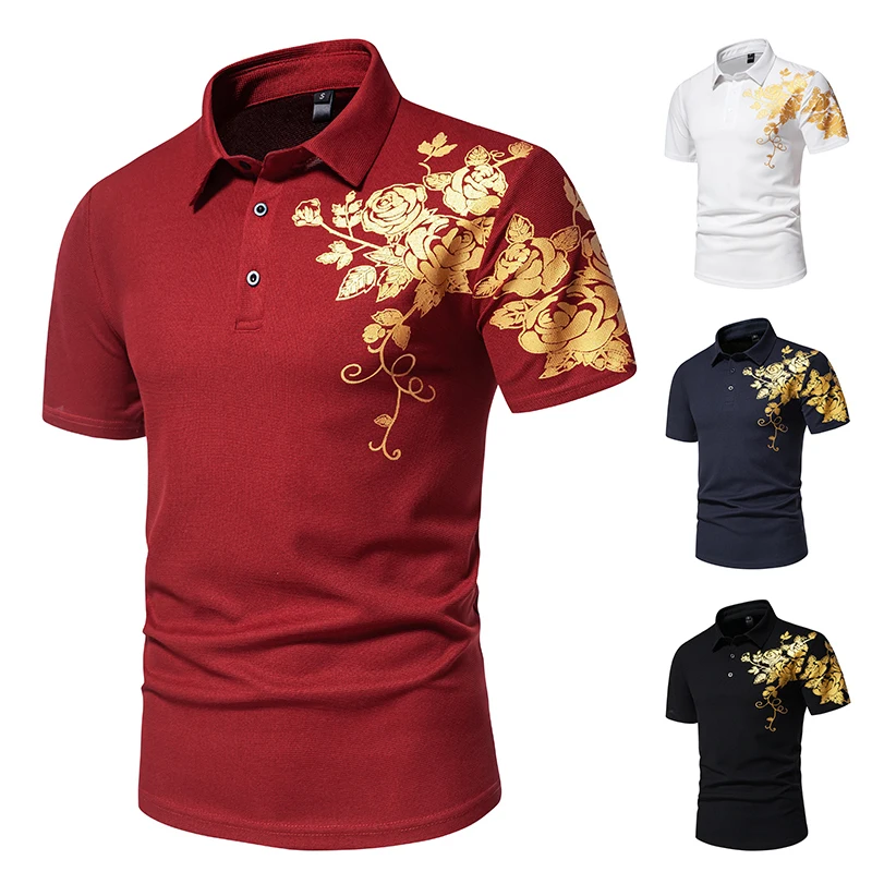 

Summer High Quality Men's New Rose Hot Gold Lapel Short-sleeved Men's Business Casual Printing Polo T-shirt