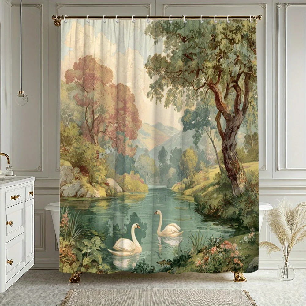 Watercolor Landscape Shower Curtain Swan Pond Nature Bathroom Decor Bohemian Style Shower Curtain