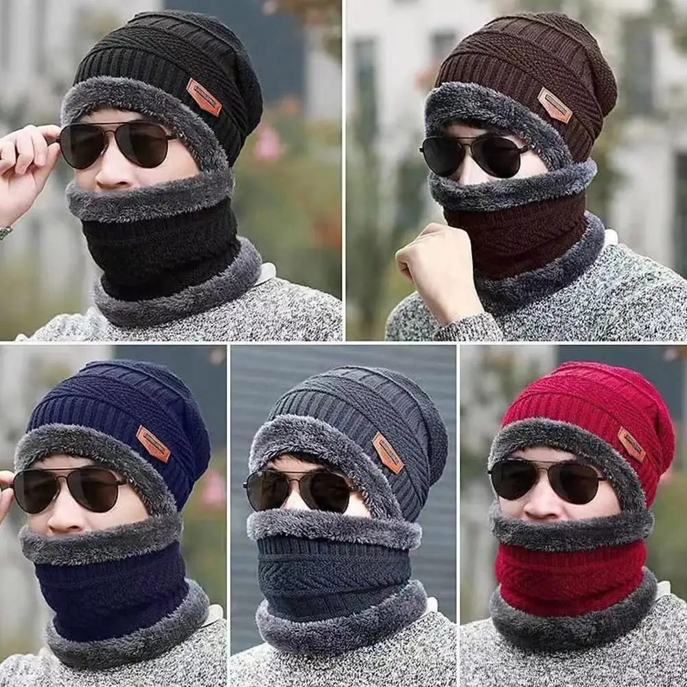 Gorro de inverno com lenços para homens, chapéu de malha, gorro feminino de lã grossa, cachecol de pescoço, balaclava, máscara, chapéus