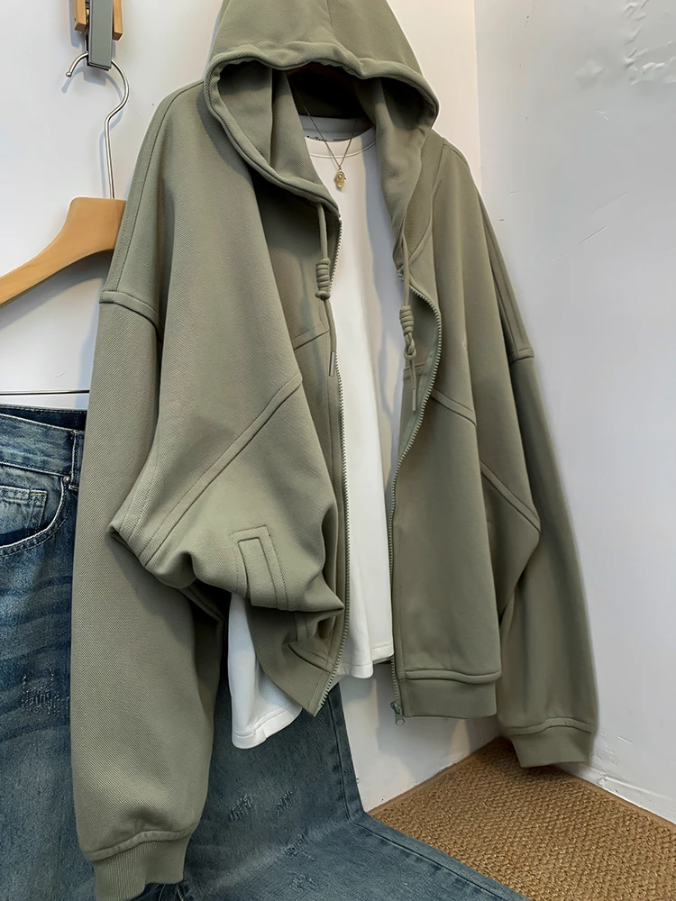 Luźne bluzy damskie Normcore Hip Hop Harajuku High Street American Style Jesień Zima Jednolite kolory Przystojne pary Zapinane na zamek błyskawiczny