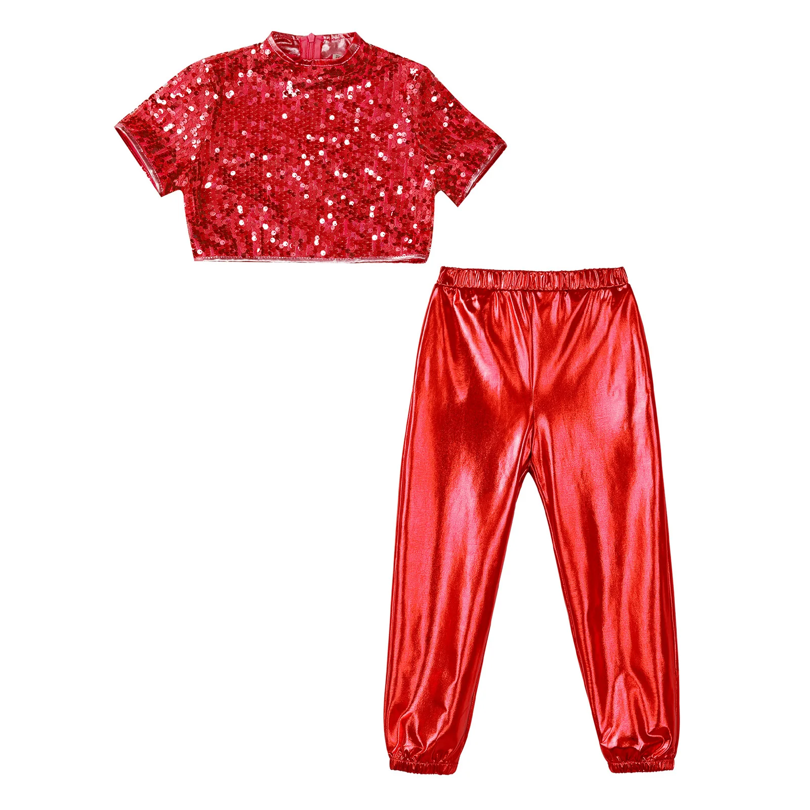 Kid Girl Cheerleading Jazz Dance Performance Costume Sequins Crop Top with Pants Outfits for Birthday Party Festival Performance