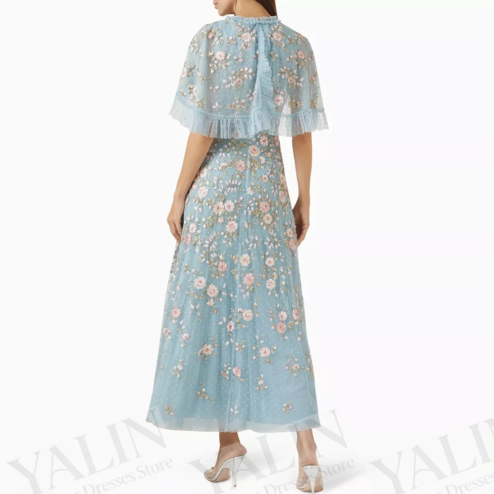 Women's A-line Evening Dresses Tea-length O-neck Sleeveless Prom Dresses Fashion Flowers Stole Simple Draped Customized Gowns